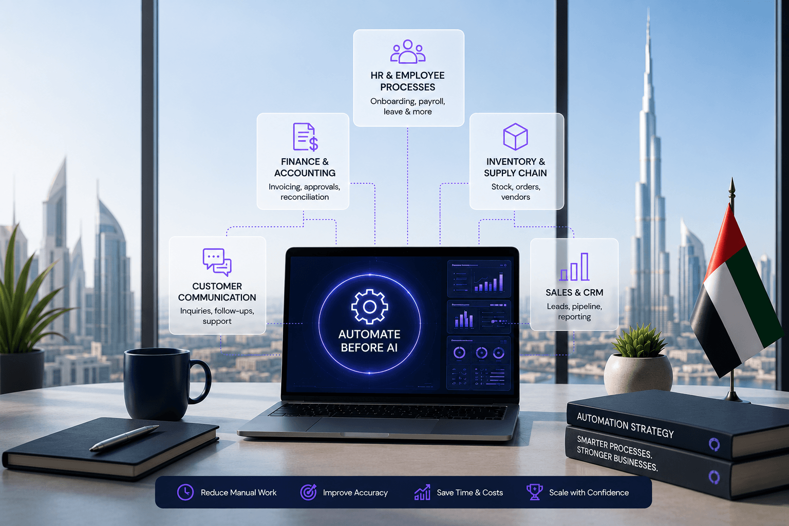 Business professionals reviewing automated workflows before implementing AI in a modern Dubai office.