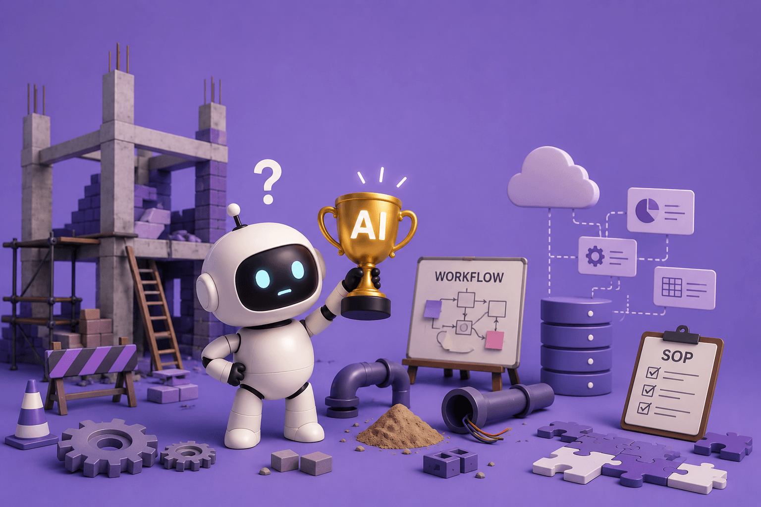 AI agent illustration showing the business foundations needed before implementing AI automation, including workflows, data, and business processes.